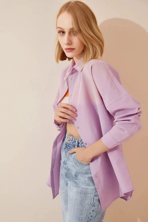 Kadın Açık Lila Oversize Uzun Basic Gömlek  HZL22W-BD139001