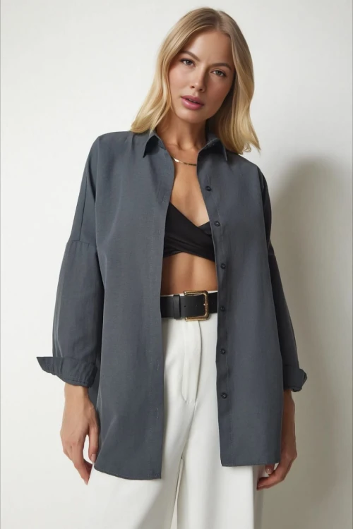 Kadın Antrasit Geniş Kalıp Uzun Basic Gömlek HZL24W-BD139001