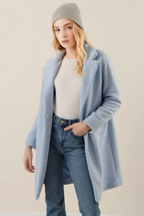 Kadın Bebe Mavi Tek Düğmeli Çift Cepli Astarlı Buklet Kaşe Kaban HZL22W-BD190821