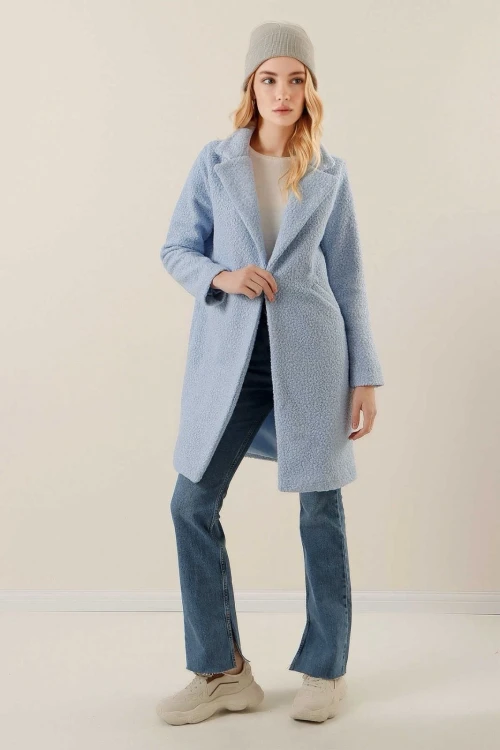 Kadın Bebe Mavi Tek Düğmeli Çift Cepli Astarlı Buklet Kaşe Kaban HZL22W-BD190821