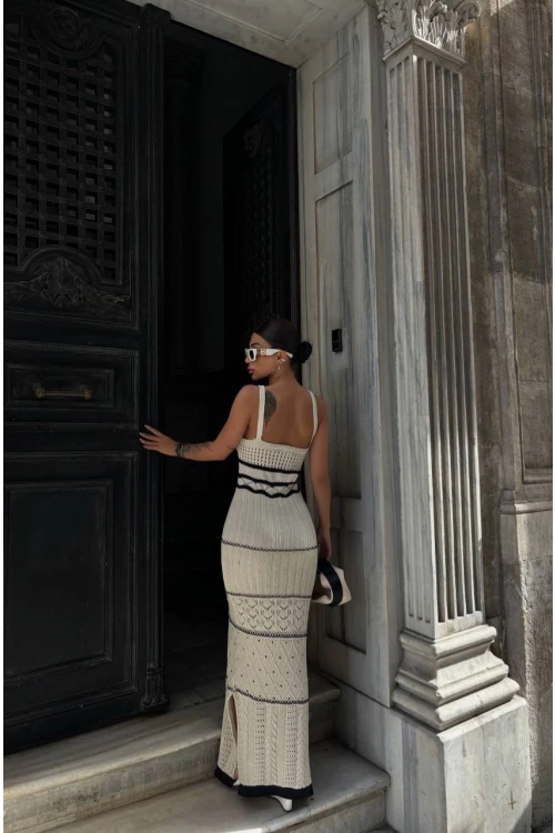 Kadın Bej Askılı Yırtmaç Detaylı Ajurlu Yazlık Uzun Triko Elbise HZL24S-VL1240461
