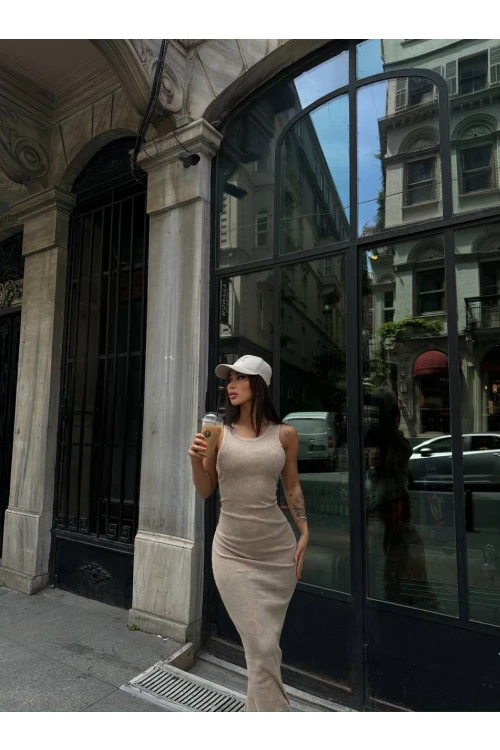 Kadın Bej Bisiklet Yaka Sıfır Kol Yıkamalı Fitilli Uzun Elbise HZL24S-VL1241071