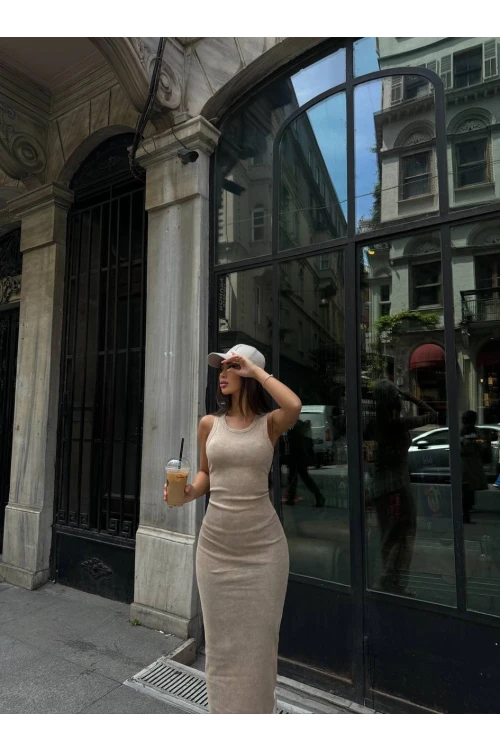 Kadın Bej Bisiklet Yaka Sıfır Kol Yıkamalı Fitilli Uzun Elbise HZL24S-VL1241071