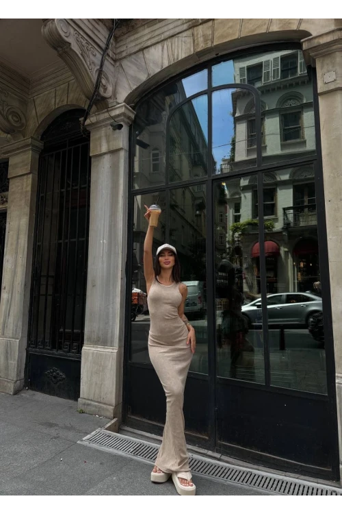 Kadın Bej Bisiklet Yaka Sıfır Kol Yıkamalı Fitilli Uzun Elbise HZL24S-VL1241071