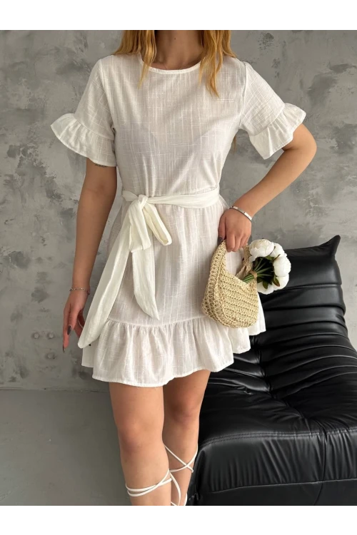 Kadın Beyaz Beli Kuşaklı Kolu Fırfırlı İthal Keten Elbise HZL24S-FRY121891