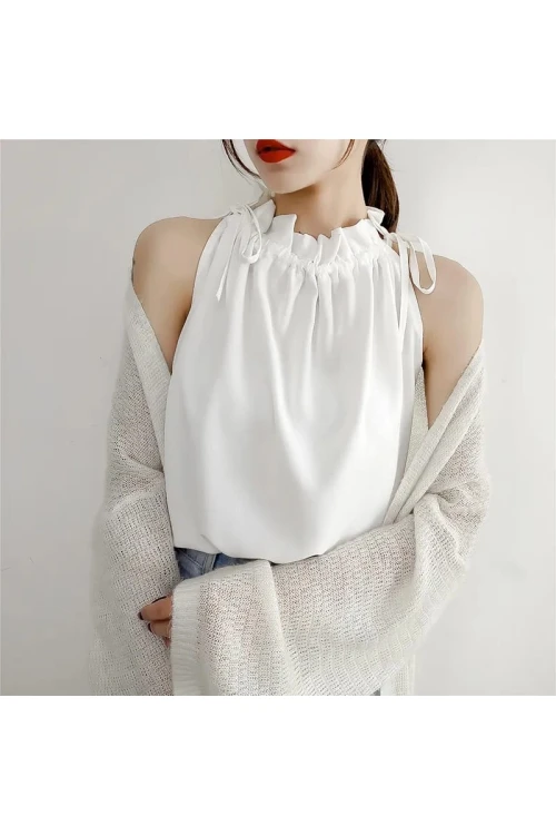 Kadın Beyaz Boynu Büzgü Detaylı Kolsuz Dokuma Şık Bluz  HZL22S-DSB110021