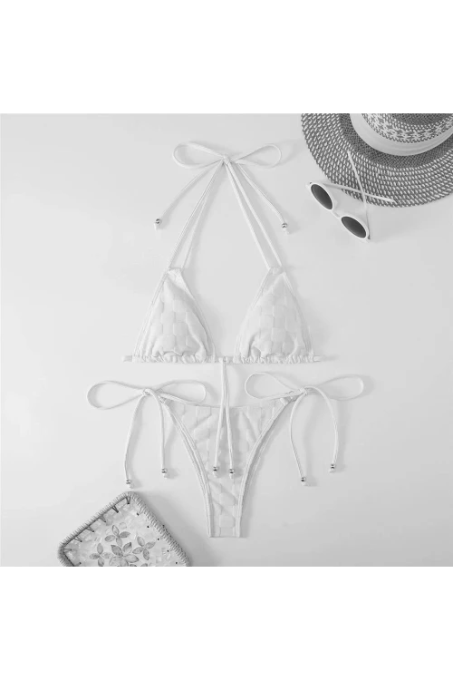 Kadın Beyaz İp Bağlamalı Aksesuarlı Astarlı Yüksek Bel Üçgen Bikini Takım HZL24S-LC2229