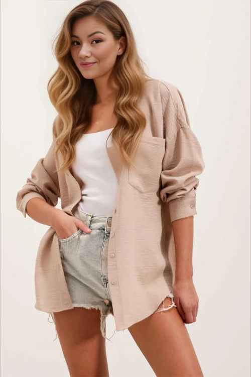 Kadın Bisküvi Tek Cepli Oversize Keten Ayrobin Gömlek HZL24S-BD1201531