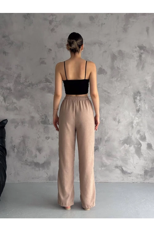 Kadın Bisküvi Lastikli Bel Yırtmaç Detaylı Cepsiz İthal Keten Astarsız Pantolon HZL24S-FRY121941
