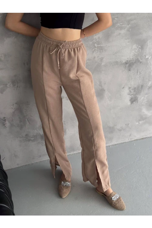Kadın Bisküvi Lastikli Bel Yırtmaç Detaylı Cepsiz İthal Keten Astarsız Pantolon HZL24S-FRY121941