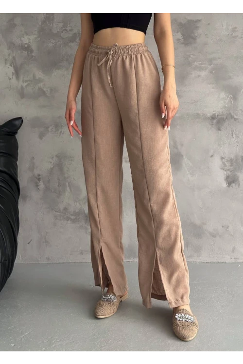 Kadın Bisküvi Lastikli Bel Yırtmaç Detaylı Cepsiz İthal Keten Astarsız Pantolon HZL24S-FRY121941