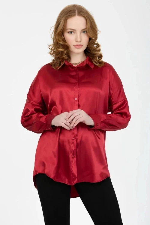 Kadın Bordo Oversize Dökümlü Saten Yüzeyli Gömlek HZL23S-BD139851