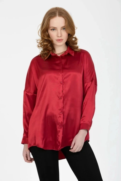 Kadın Bordo Oversize Dökümlü Saten Yüzeyli Gömlek HZL23S-BD139851
