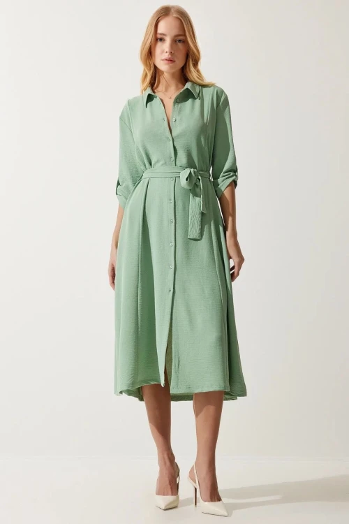 Kadın Çağla Yeşil Gizli Cepli Kuşaklı Viskon Gömlek Elbise HZL24S-BD124421