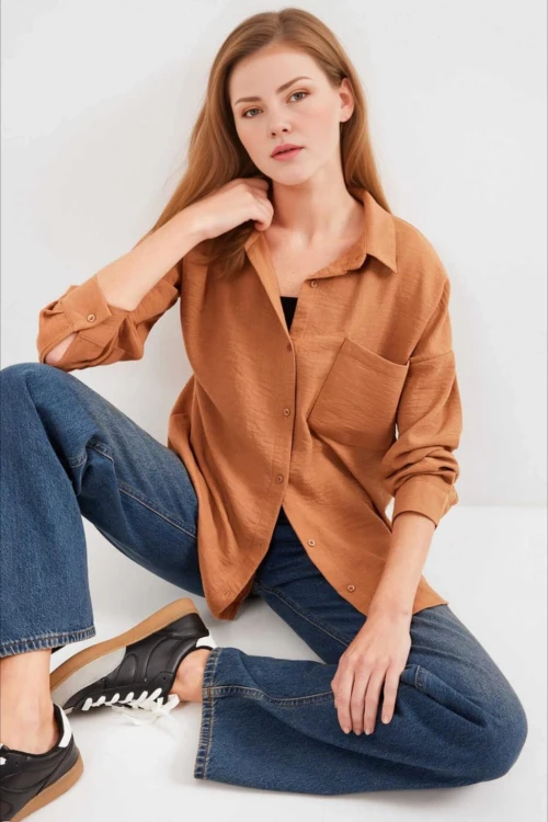 Kadın Camel Tek Cepli Oversize Keten Ayrobin Gömlek HZL24S-BD1201531