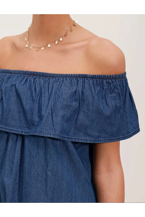 Kadın Denim Kolsuz Omzu Açık Carmen Yaka Jean Elbise HZL24S-BD114811