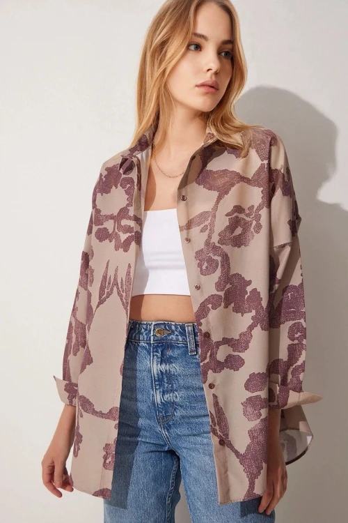 Kadın Desenli Bordo Bej Oversize Uzun Basic Gömlek Hzl22w-bd139001