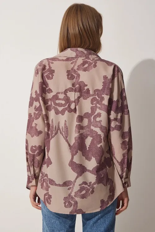 Kadın Desenli Bordo Bej Oversize Uzun Basic Gömlek Hzl22w-bd139001