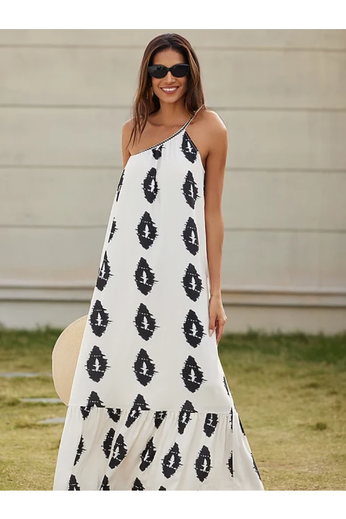 Kadın Ekru Baskılı Omuzdan Bağlamalı Astarsız Uzun Elbise HZL24S-DSB135911