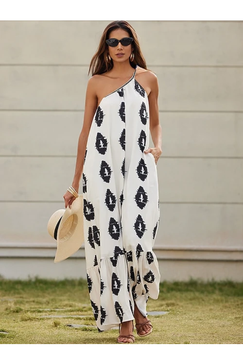 Kadın Ekru Baskılı Omuzdan Bağlamalı Astarsız Uzun Elbise HZL24S-DSB135911