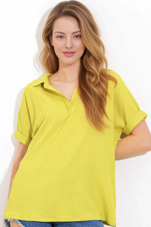 Kadın Fıstık Yeşil Polo Yaka Geniş Kesim Örme Bluz HZL24S-BD104861