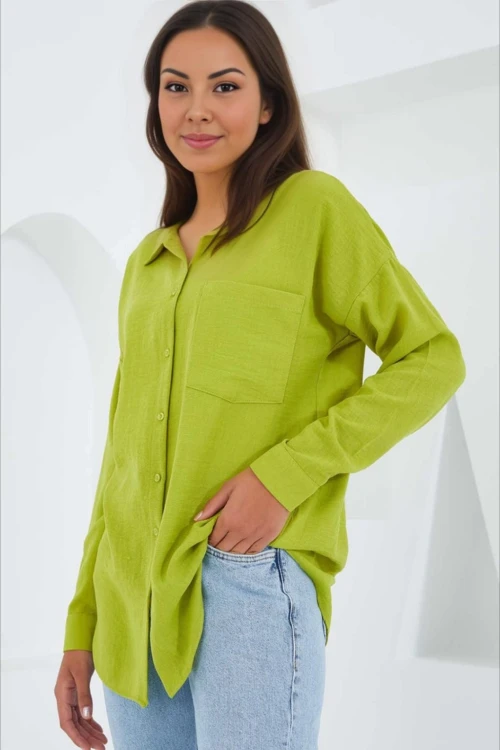 Kadın Fıstık Yeşil Tek Cepli Oversize Keten Ayrobin Gömlek HZL24S-BD1201531