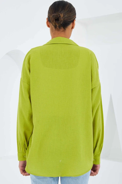 Kadın Fıstık Yeşil Tek Cepli Oversize Keten Ayrobin Gömlek HZL24S-BD1201531