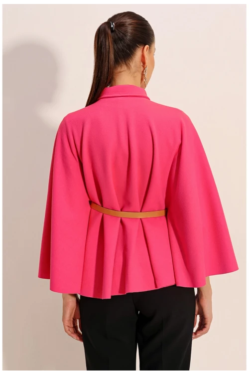 Kadın Fuşya Hakim Yaka Kemer Detaylı Kaşe Panço  HZL24W-BD191341