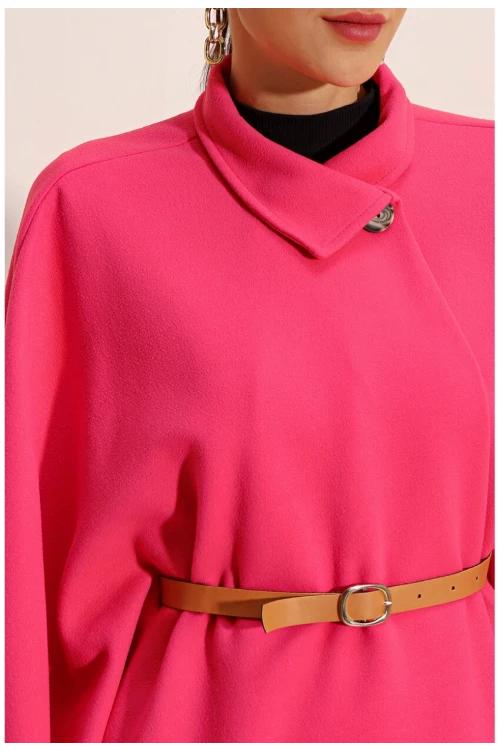 Kadın Fuşya Hakim Yaka Kemer Detaylı Kaşe Panço  HZL24W-BD191341