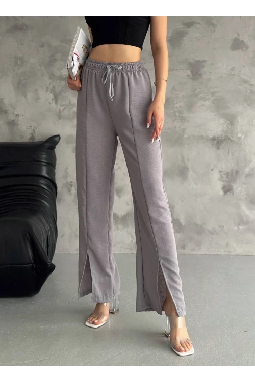 Kadın Gri Lastikli Bel Yırtmaç Detaylı Cepsiz İthal Keten Astarsız Pantolon HZL24S-FRY121941