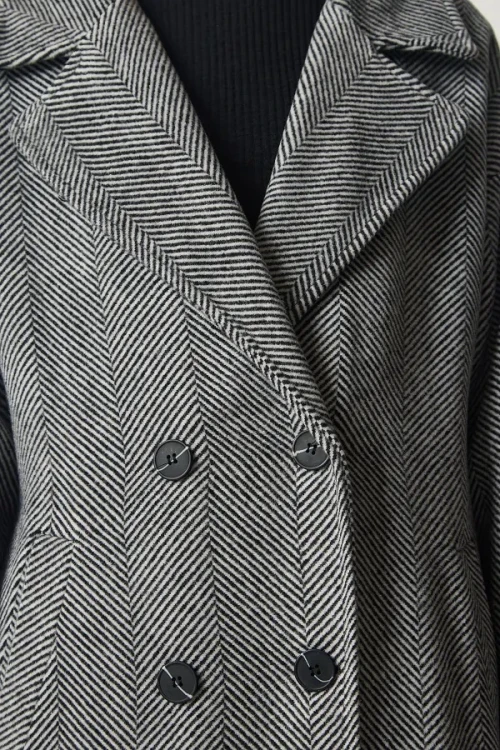 Kadın Gri Yünlü  Düğmeli Çift Cepli Astarlı Geniş Kalıp Kaban HZL24W-BD191131