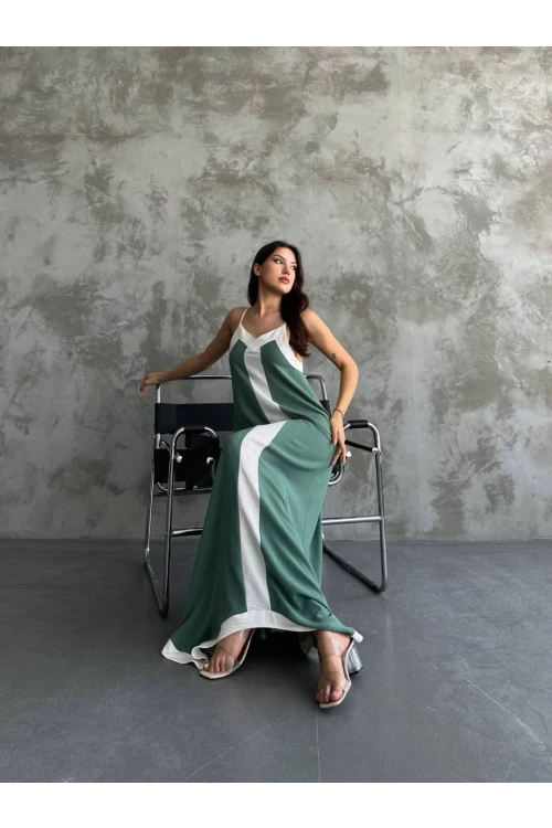 Kadın Haki Beyaz Detaylı Asimetrik Kesim V Yaka Ayarlanabilir İp Askılı Elbise HZL24S-MJ113041