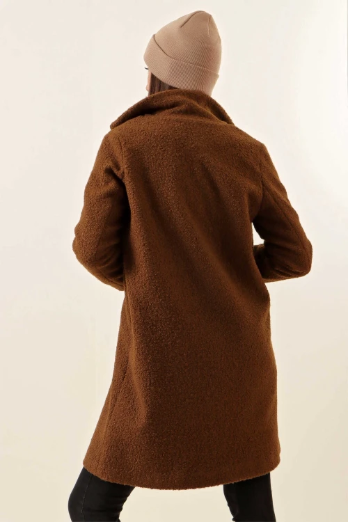 Kadın Kahverengi Tek Düğmeli Çift Cepli Astarlı Buklet Kaşe Kaban HZL22W-BD190821