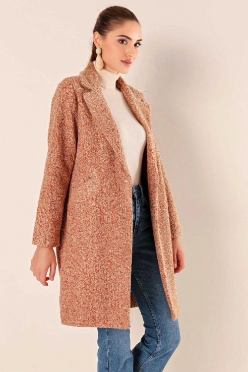 Kadın Kırçıllı Camel Tek Düğmeli Çift Cepli Astarlı Buklet Kaşe Kaban HZL22W-BD190821