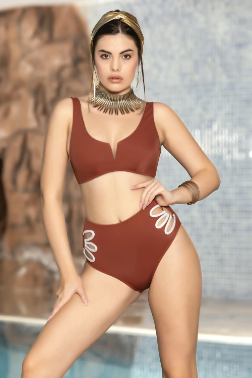 Kadın Kiremit V Yaka Astarlı Yüksel Bel Parçalı Üçgen Bikini Takım HZL24S-AR1612