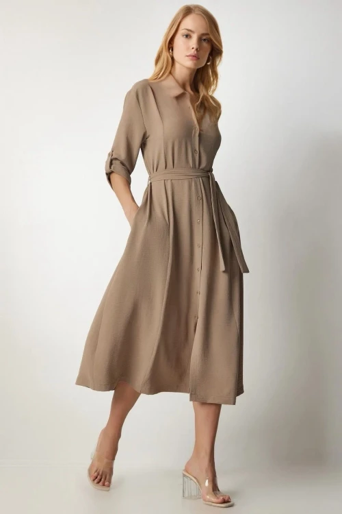 Kadın Krem Gizli Cepli Kuşaklı Viskon Gömlek Elbise HZL24S-BD124421