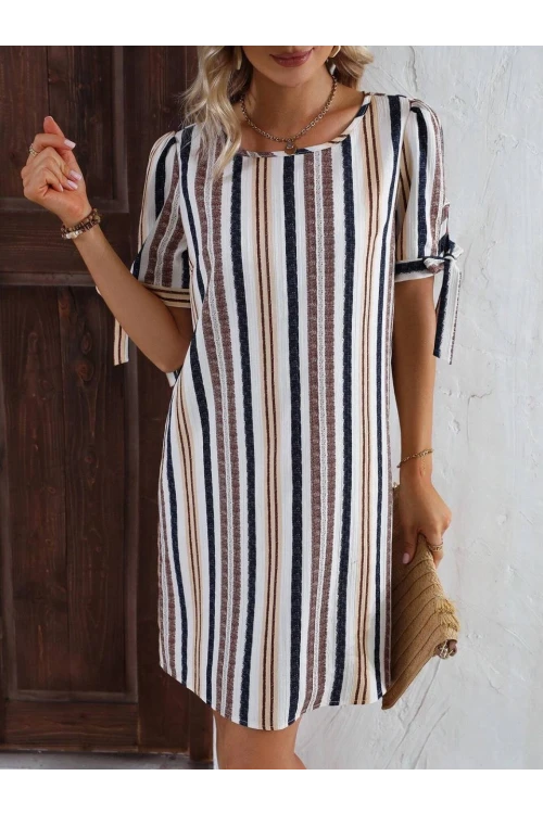 Kadın Krem Lacivert İthal Keten Baskılı Bisiklet Yaka Astarsız Elbise HZL24S-FRY121011