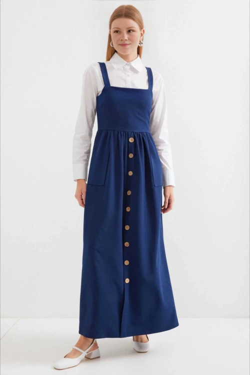 Kadın Lacivert Askılı Düğme Detaylı Cepli Kuşaklı Uzun Elbise HZL24S-BD124901