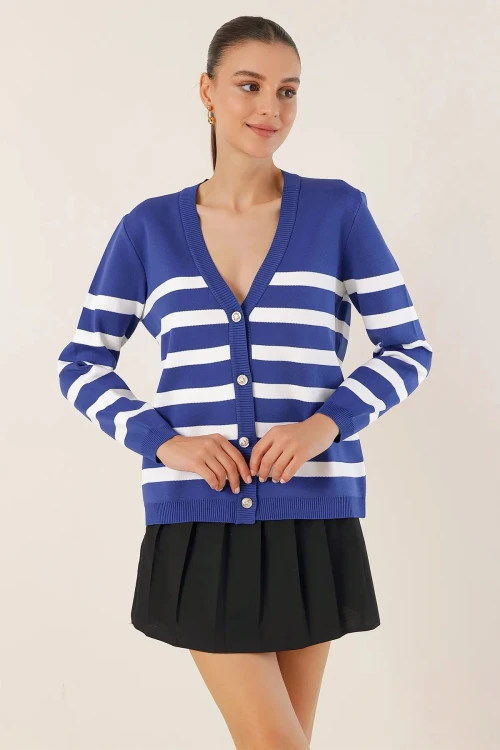 Kadın Lacivert Çizgili V Yaka Rahat Kesim Triko Hırka HZL24W-BD1102151