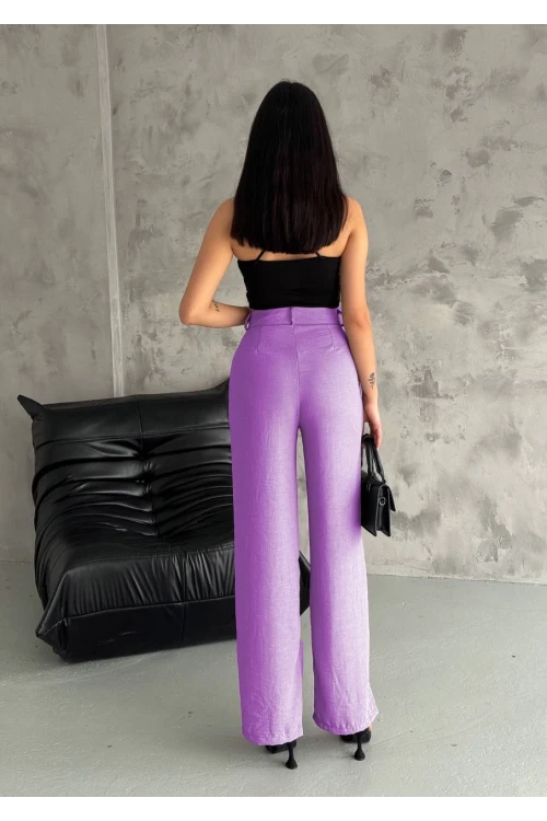Kadın Lila Yüksek Bel Bol Paça Cepli İthal Keten Pantolon HZL24S-FRY121821