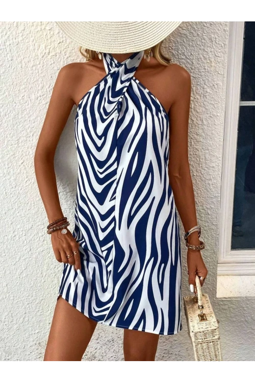 Kadın Mavi Beyaz Boyundan Bağlamalı Mosskrep Dijital Baskılı Astarsız Mini Elbise HZL25S-FRY120971