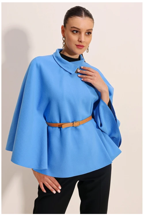 Kadın Mavi Hakim Yaka Kemer Detaylı Kaşe Panço  HZL24W-BD191341