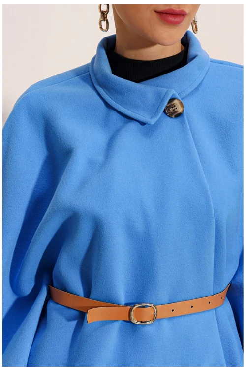 Kadın Mavi Hakim Yaka Kemer Detaylı Kaşe Panço  HZL24W-BD191341