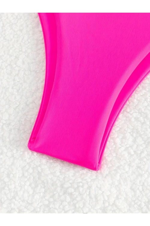 Kadın Neon Pembe İp Detaylı Astarlı V Kesim Üçgen Bikini Takım HZL24S-LC2234
