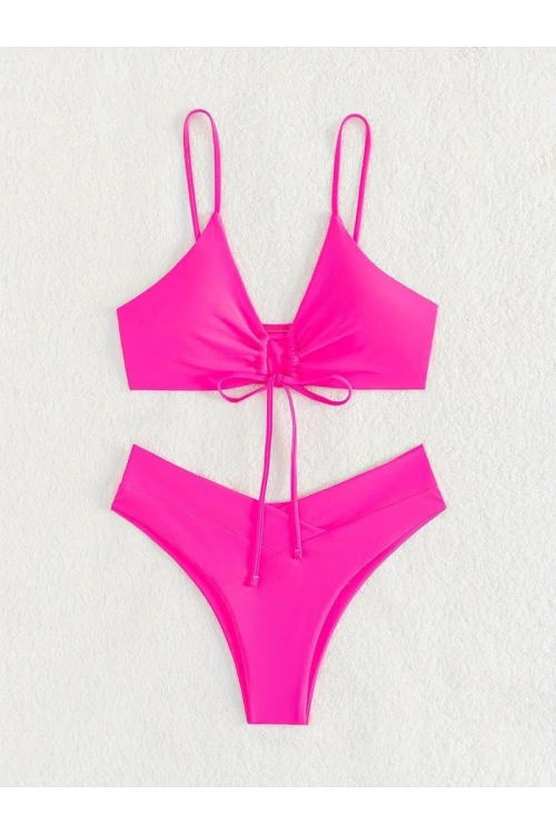 Kadın Neon Pembe İp Detaylı Astarlı V Kesim Üçgen Bikini Takım HZL24S-LC2234