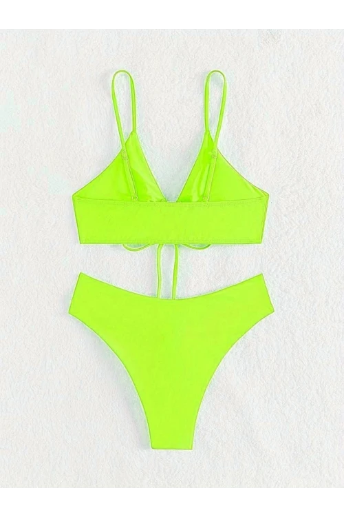 Kadın Neon Yeşil İp Detaylı Astarlı V Kesim Üçgen Bikini Takım HZL24S-LC2234