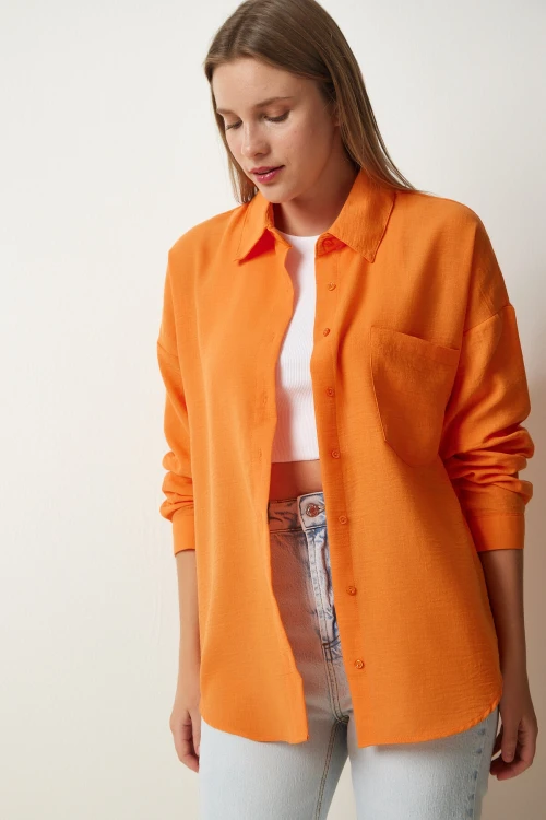 Kadın Oranj Tek Cepli Oversize Keten Ayrobin Gömlek HZL24S-BD1201531