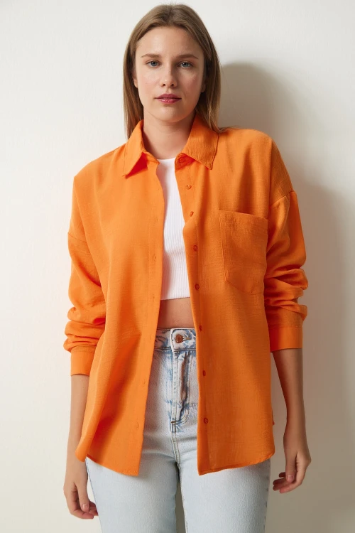 Kadın Oranj Tek Cepli Oversize Keten Ayrobin Gömlek HZL24S-BD1201531