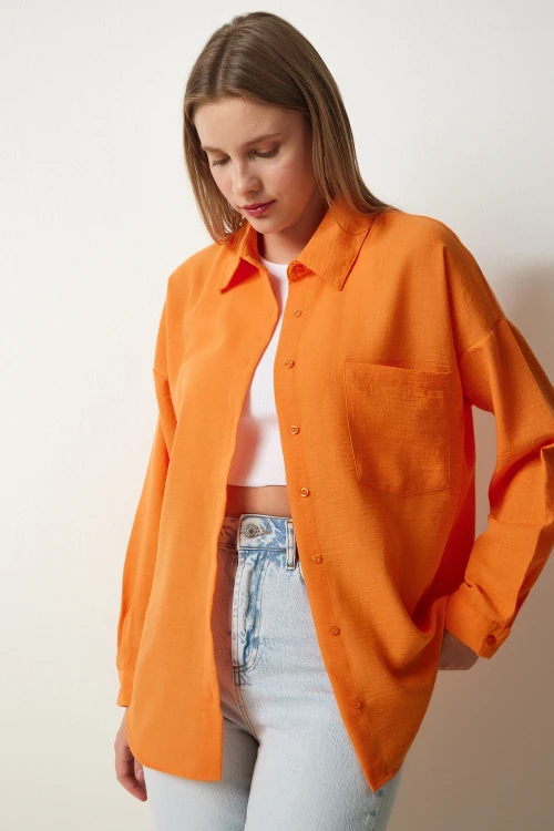Kadın Oranj Tek Cepli Oversize Keten Ayrobin Gömlek HZL24S-BD1201531
