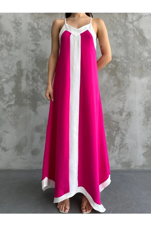 Kadın Pembe Beyaz Detaylı Asimetrik Kesim V Yaka Ayarlanabilir İp Askılı Elbise HZL24S-MJ113041